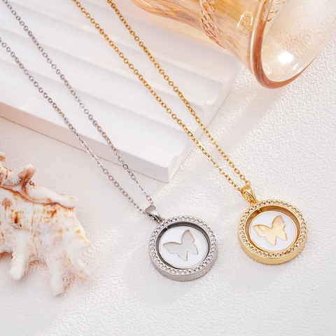 Collana con Pendente Rotondo Farfalla Ruotabile per Donna con Strass e Madreperla Artificiale Gioielli Regalo Oro