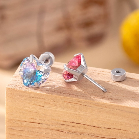 Pendientes De Corazón Circonita Acero De Titanio Degradado Doble Color Piercing De Rosca Joyería Para Mujer Estilo Dulce