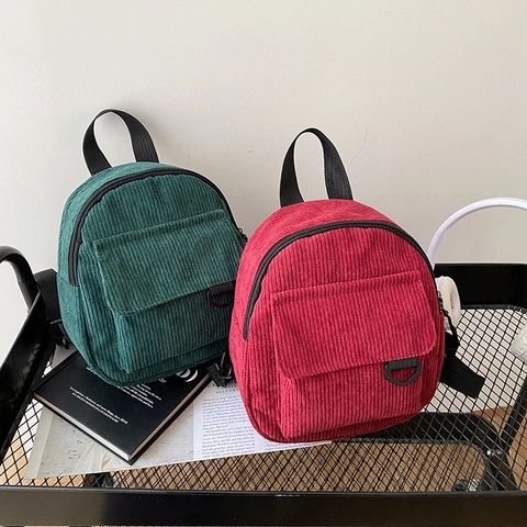 Mini Backpack Corduroy Solid Color Small Retro Casual Fashion Rucksack For Women Students Travel