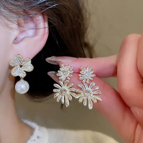 Orecchini Pendenti Con Fiori E Künstliche Perle Con Perno In Argento Zirconia Smalto Gioielli Vintage Eleganti Per Donna