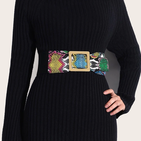 Cintura Corsetto Larga Donna Stampa Serpente Colorata Elastica Fibbia Lega Quadrata Dorata Elegante Per Abiti