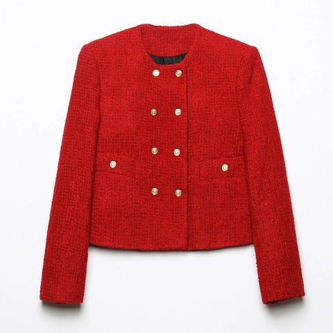 Elegante Rode Tweed Jas En Minirok Franse Stijl Double Breasted Gouden Knopen Split Zoom Dames Business Casual Kantoor