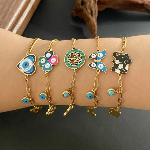 Evil Eye Armband Gold Edelstahl Emaille Herz Schmetterling Elefant Lebensbaum Anhänger Verstellbarer Schmuck Für Damen