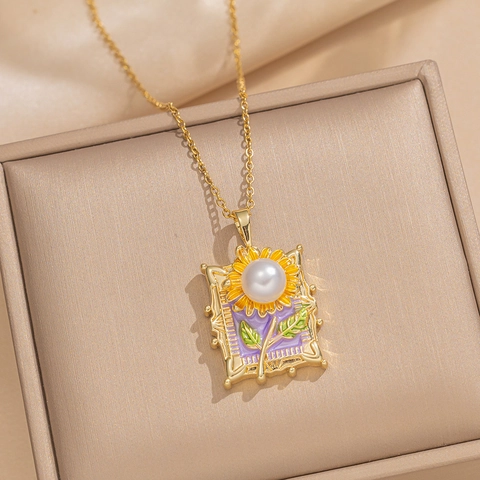 Collier Pendentif Tournesol Vintage Français En Acier Titane Avec Perle De Culture Baroque Émail Cadre Rectangle Femmes