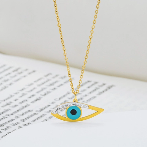 Collier Mauvais Oeil Pour Femme Oeil Bleu Acier Titane Plaqué Or Strass Chaîne Clavicule Pendentif Amulette Turque Bijoux
