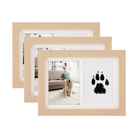 Cadre Photo Commémoratif pour Animaux en MDF Avec Kit Empreinte de Patte sans Encre Double Fenêtre Souvenir Chien Chat