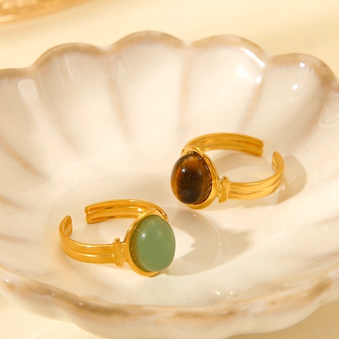 Retro Französischer Palaststil Natürliches Tigerauge Edelstahl Ring Damen Offen Verstellbar Wasserdicht Schmuck