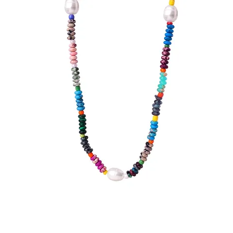 Collana di Perline in Stile Etnico con Turchese Naturale e Perla d'Acqua Dolce Gioielli in Acciaio al Titanio per Donna