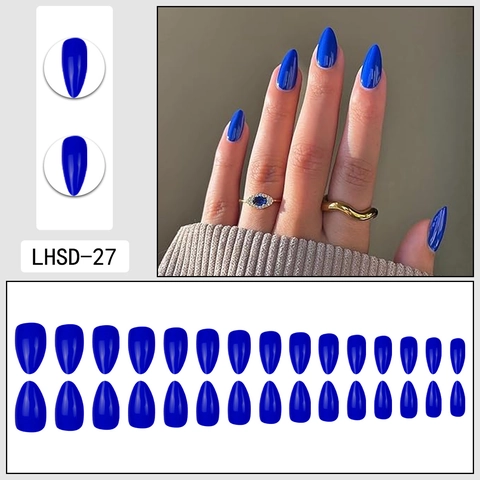 Royal Blue Press On Nails Glossy Almond Shape Artificial False Finger Nails Solid Color Simple For Women Manicure