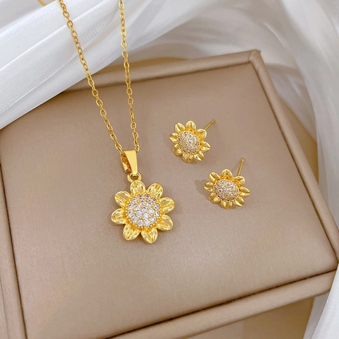 Sunflower Necklace And Stud Earrings For Women Gold Plated Copper Cubic Zirconia Stainless Steel Chain Elegant Fashion