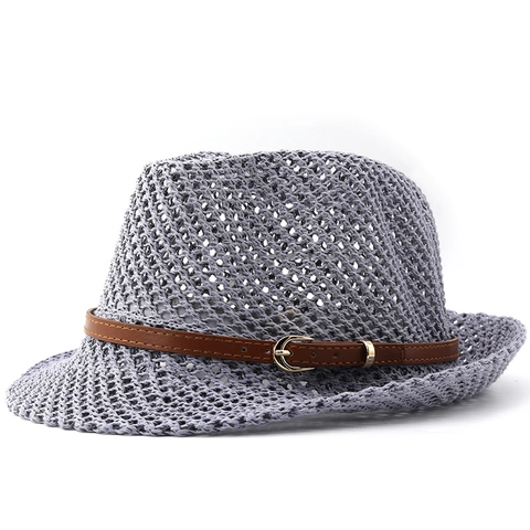 Hollow Out Woven Fedora Hat Breathable Sun Protection Summer Beach Travel Jazz Cap With Faux Leather Band For Unisex