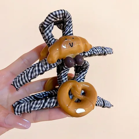 Large Hair Claw Clip Korean Gingham Fabric Wrapped Resin Croissant Pretzel Charms Cute Cartoon Smile Face Shark Clip