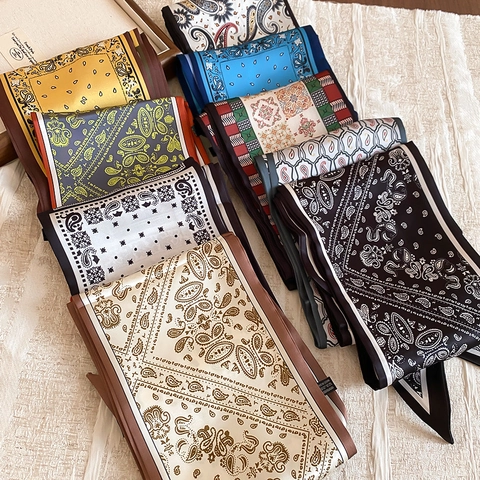 Collana Foulard Stretto Con Stampa Paisley Vintage Per Donna Tessuto Di Raso Floreale Nastro Lungo Sottile Accessorio Borsa