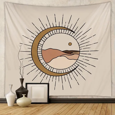 Arazzo Bohemien Da Parete Tessuto Poliestere Sole Luna Deserto Montagna Arte Geometrica Astratta Decorativo