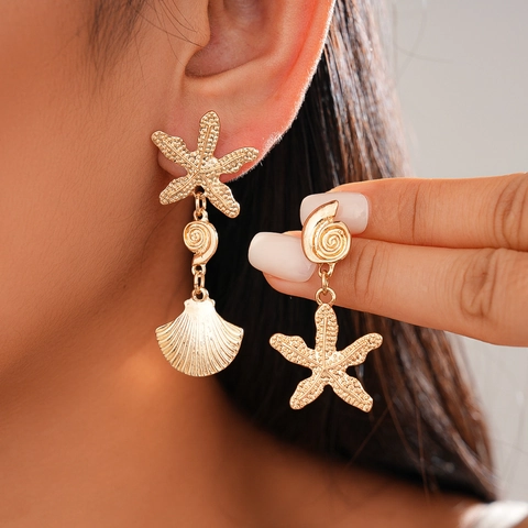Asymmetrical Sea Star Shell Conch Drop Earrings With Silver Earring Post Alloy Ocean Beach Vacation Jewelry For Women