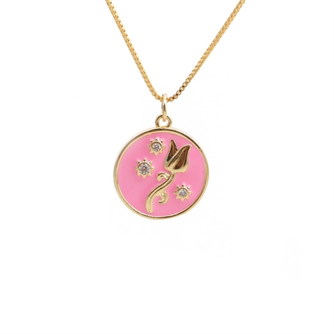 Tulip Pendant Necklace Copper Enamel Flower Star Round Zirconia Box Chain Elegant Jewelry For Women