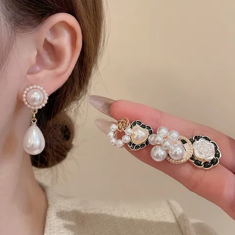 Orecchini In Lega Smalto E Künstliche Perle Sintetiche Stile Francese Retrò Con Perno In Argento Camelia Cuore Goccia D'acqua Gioielli Per Donna