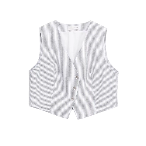 Women Striped V Neck Vest And Skort Button Down Sleeveless Polyester Pinstripe Casual Summer Streetwear