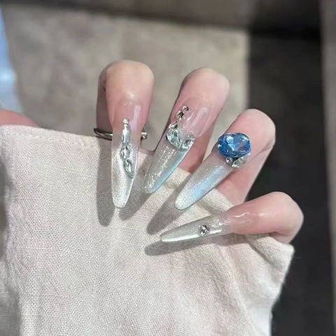 Uñas Postizas Largas Stiletto Strass Azul Ojo De Gato Perla Artificial Brillo Estilo Dulce Para Mujeres