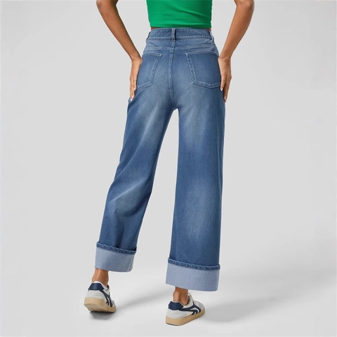 Jeans Da Donna A Vita Alta Gamba Larga Denim Con Risvolto Grande Dritto Streetwear Vintage Moda Pantaloni