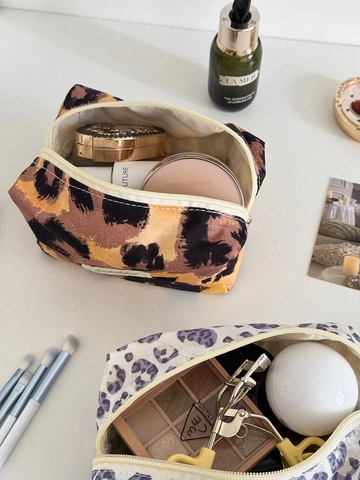 Borsa Per Trucco In Tela Di Cotone Stampa Leopardata E Pois Patchwork Grande Capacità Organizzatore Per Cosmetici Da Viaggio