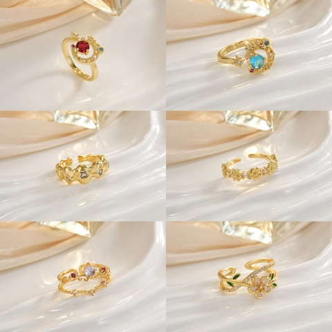 Bague Ouverte Ajustable Femmes Cuivre Zircone Cubique Incrusté Plaqué Or Bijoux De Mode