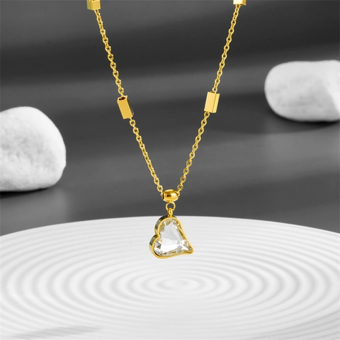Collar Con Colgante De Corazón Acero Inoxidable Chapado En Oro Cristal Cadena De Clavícula Minimalista Joyería Para Mujer
