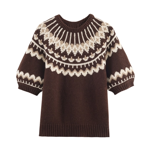 Fair Isle Jacquard Strickpullover Damen Halbhoher Kragen Fünf-Punkt Puffärmel Retro Kurz Pullover Tops Polyester Acryl