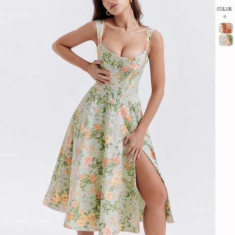 Abito Midi Floreale In Polie-stere Con Corpino A Corsetto E Spacco Alto Elegante Abbigliamento Da Festa Estiva Per Donna