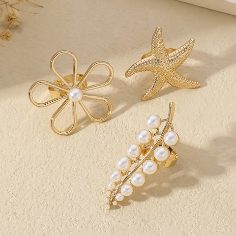 Hollow Flower Starfish Adjustable Rings Alloy Gold Plated Imitation Artificial Pearl Ocean Style Minimalist Jewelry For Women