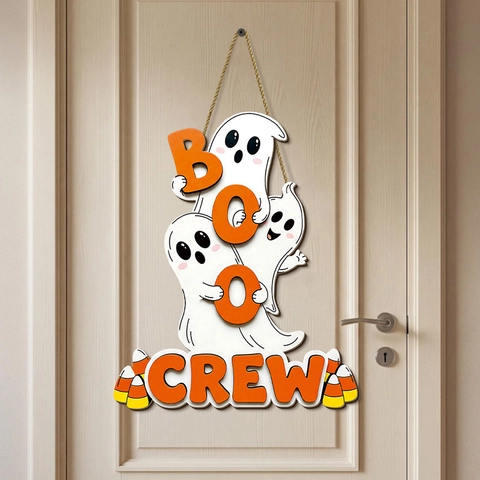 Cartel Colgante Halloween Madera Fantasma Boo Crew Decoración De Pared Rústica Adorno De Fiesta Con Cuerda De Cáñamo
