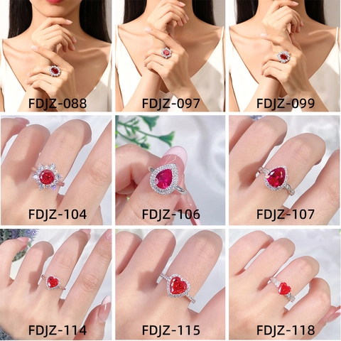 Luxury 925 Sterling Silver Ring For Women Red Rhinestone Heart Oval Flower Style Engagement Wedding Party Jewelry Gift