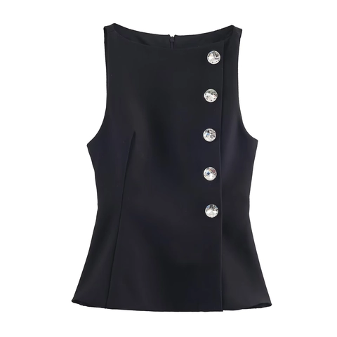 Women Sleeveless Slim Fit Top Elegant Black Blouse With Large Rhinestone Buttons And Hidden Back Zipper