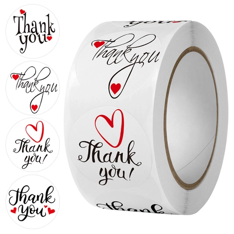 Autocollants Merci Étiquettes Adhésives Rondes Avec Cœur Rouge Pour Emballage Cadeau Scellage Enveloppe Rouleau Décoratif