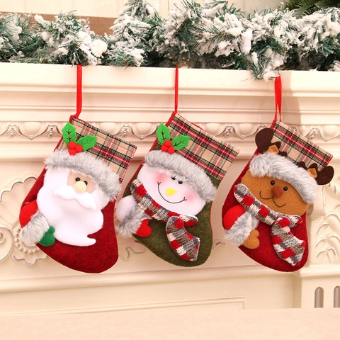 Christmas Stockings Hanging Gift Bags Plaid Felt Faux Fur Santa Snowman Reindeer Fireplace Mantle Decor Festive Holiday