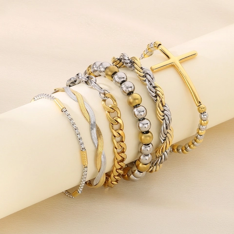 Two Tone Gold Silver Stainless Steel Bracelet Mixed Chain Beaded Rope Snake Geometric Jewelry For Men Women