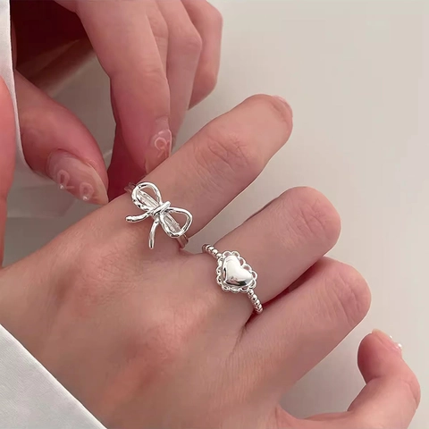 S925 Sterling Silver Lace Heart Open Adjustable Ring For Women Sweet Minimalist Bead Edge Silver Finger Ring Jewelry