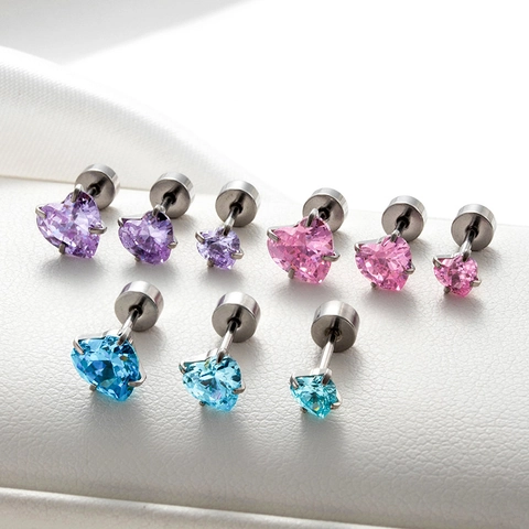 Heart Shaped Cubic Zirconia Stud Earrings With Titanium Steel Screw Back Cartilage Piercing Jewelry For Women Sweet Style