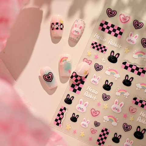 Süße Hase Herz Schachbrett Nagelaufkleber 3D Geprägt Rosa Schwarz Weiß Y2K Süße Mädchen DIY Maniküre Dekoration Selbstklebende Nagelstickers