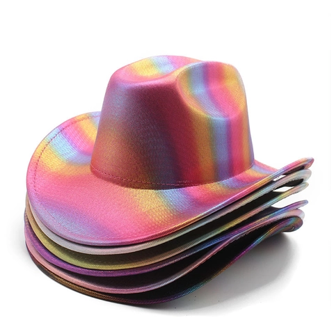 Regenbogen Metallic Laser Western Cowboyhut Breite Krempe Holografisch Festival Party Performance Für Damen Herren