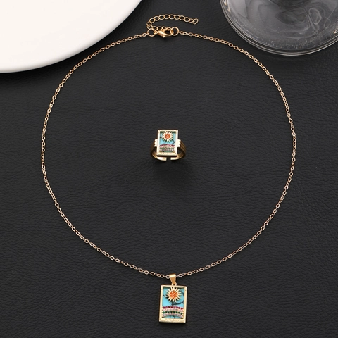 Tarot Karte Halskette Und Ring Kupfer Schmuck Die Sonne Die Liebenden Rechteckiger Anhänger Farbiger Zirkon Emaille Retro Mode