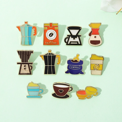 Cartoon Coffee Culture Series Alloy Brooch Enamel Pin Moka Pot Coffee Cup Bag Shape Electroplated Badge Unisex Jewelry