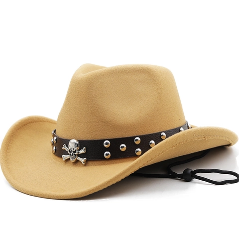 Chapeau De Cow-Boy Occidental Large Bord Feutre Crâne Boucle Métallique Rivets Corde Vent Réglable Style Punk Rock Unisexe