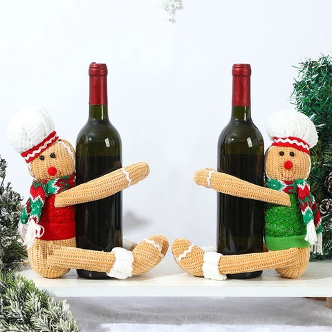 Weihnachts Lebkuchenmann Vorhangschnalle Weinflaschendekoration Gestrickter Stoff Kochmütze Festliches Ornament