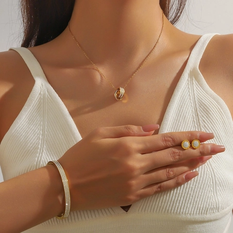Set di Gioielli con Numeri Romani Strass Pavé per Donna in Acciaio Inossidabile Oro Ciondolo Circolare Collana Bracciale Orecchini a Bottone Moda