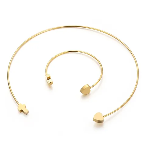 Sieraden Ketting Armband Met Hart Kruis Bedel Roestvrij Staal Open Manchet Choker Mode Voor Dames Meisjes
