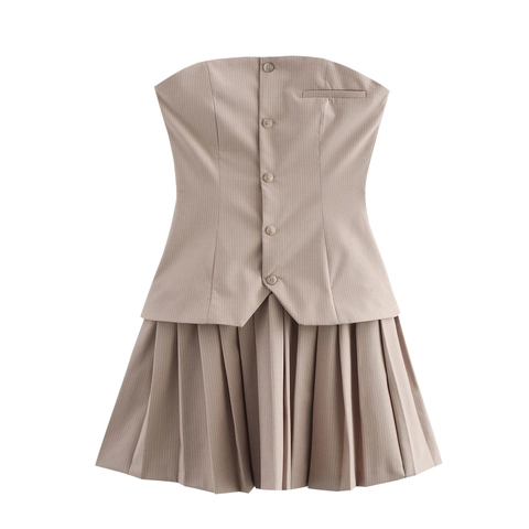 Women Striped Tube Top Mini Dress Sleeveless Strapless High Waist Button Decor Pleated Hem Preppy Style Elegant