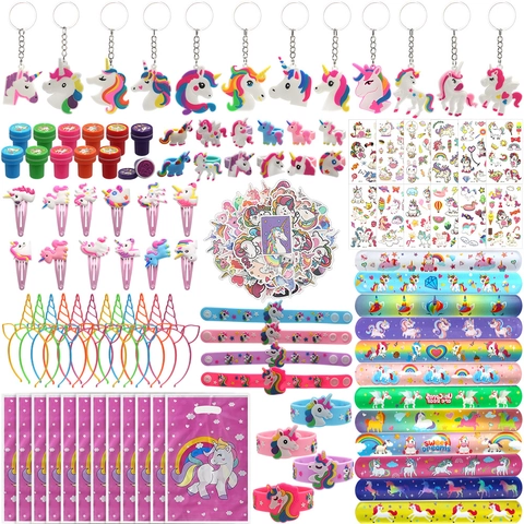 Unicorn Cartoon Kids Party Favors Toy Variety For Girls Including Slap Bracelets Rings Hair Clips Keychains And Tattoos