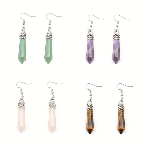 Hexagonale Prisma Naturstein Ohrhänger Kristall Amethyst Rosenquarz Baumeln Geometrisch Hohlkappe Boho Schmuck Frauen