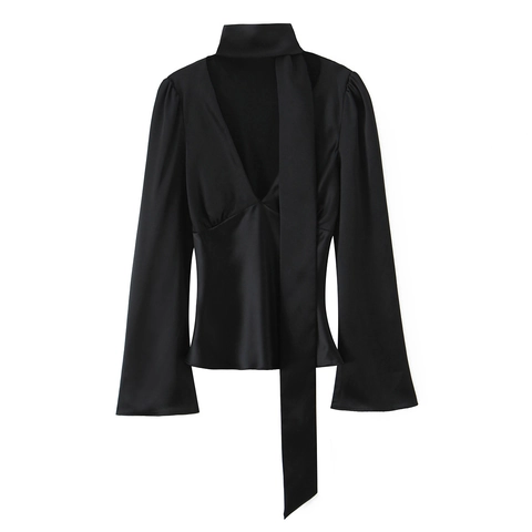 Women Satin Blouse Shirt Elegant Tie Neck Long Bell Sleeve Solid Black Polyester Tops Casual Fashion